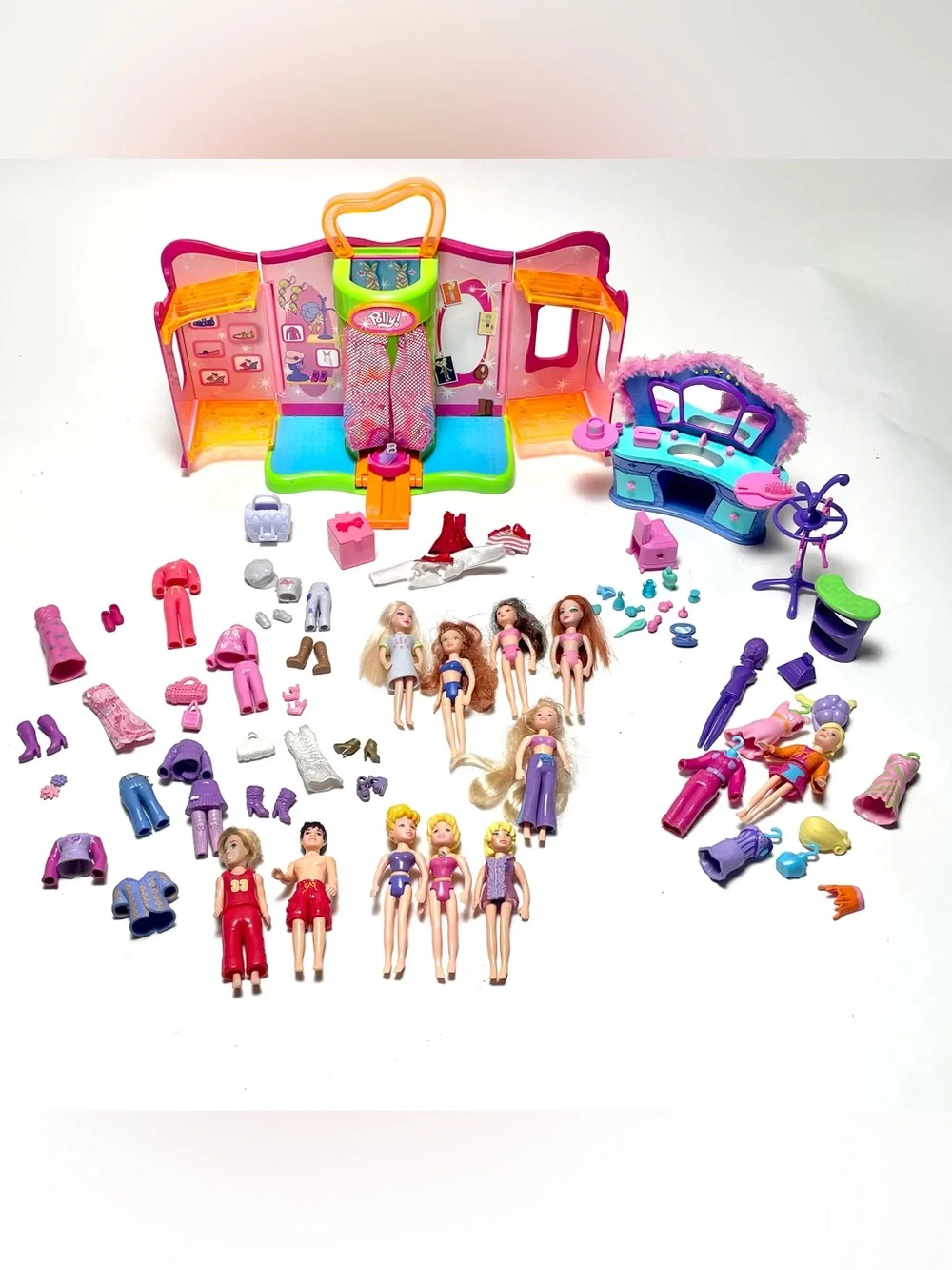 Vtg Early 2000’s Polly Pocket Lot-Dolls, Clothes, Dressing Room, Vanity Y2K